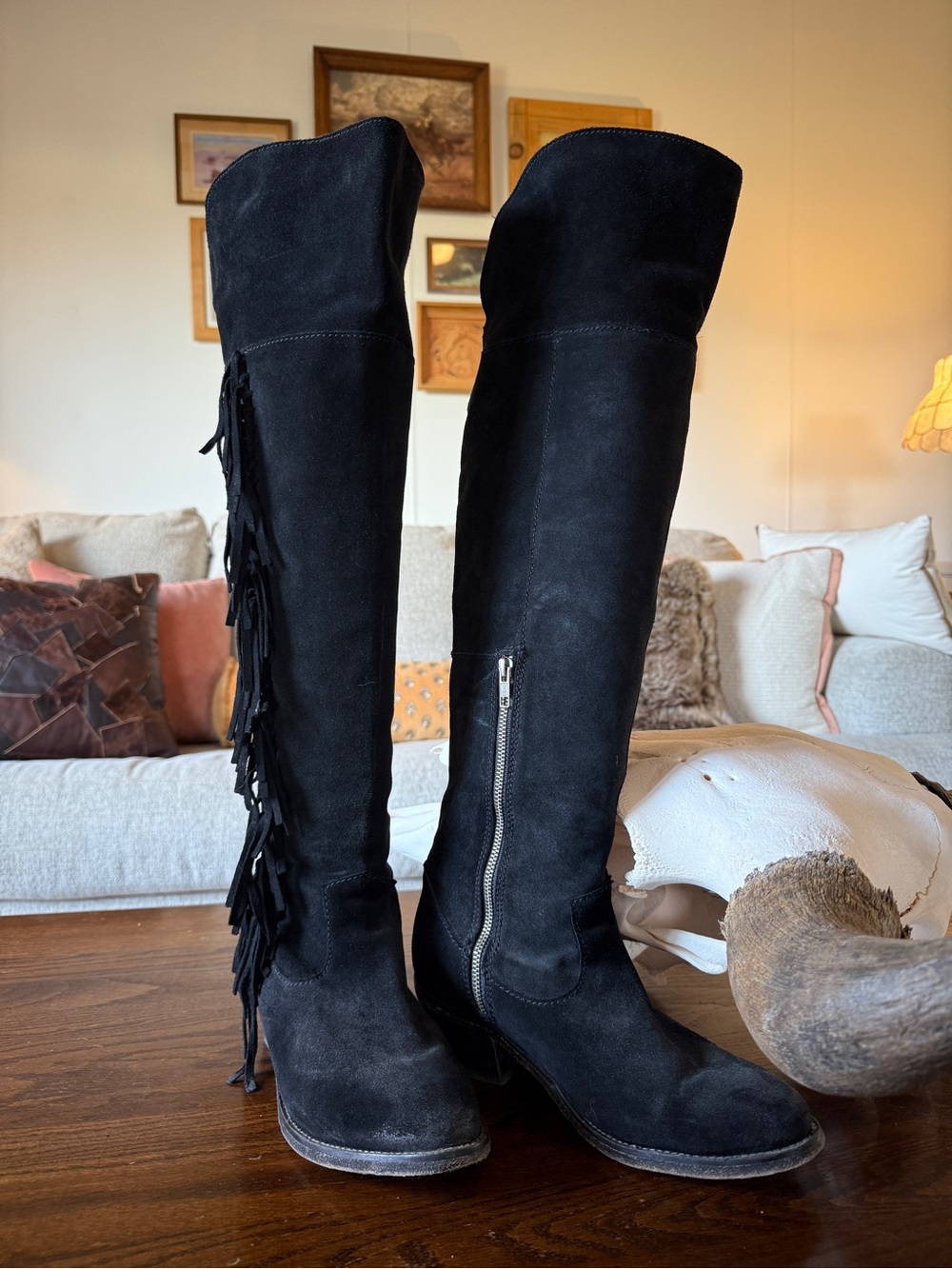 Circle G Black Suede Over-the-Knee Fringe Boots